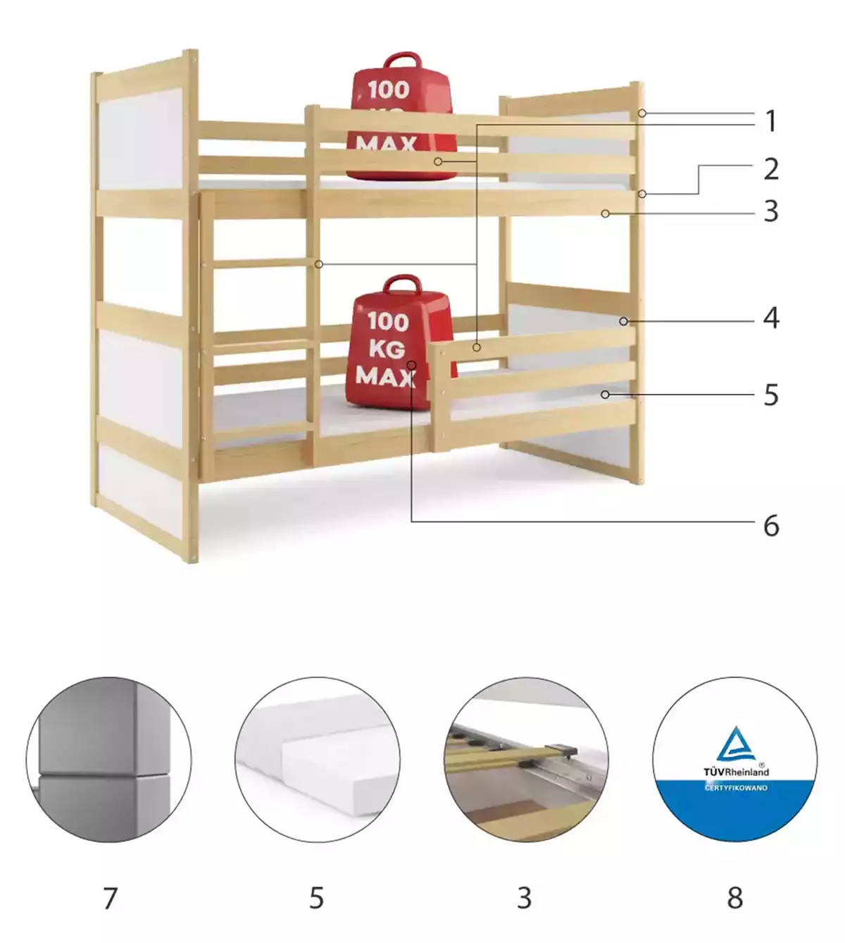 Composants pour Lit ado superposé Rico 90X190, pin/blanc