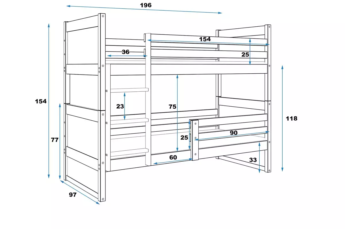 Dimensions et spécifications pour Lit ado superposé Rico 90X190, pin/bleu