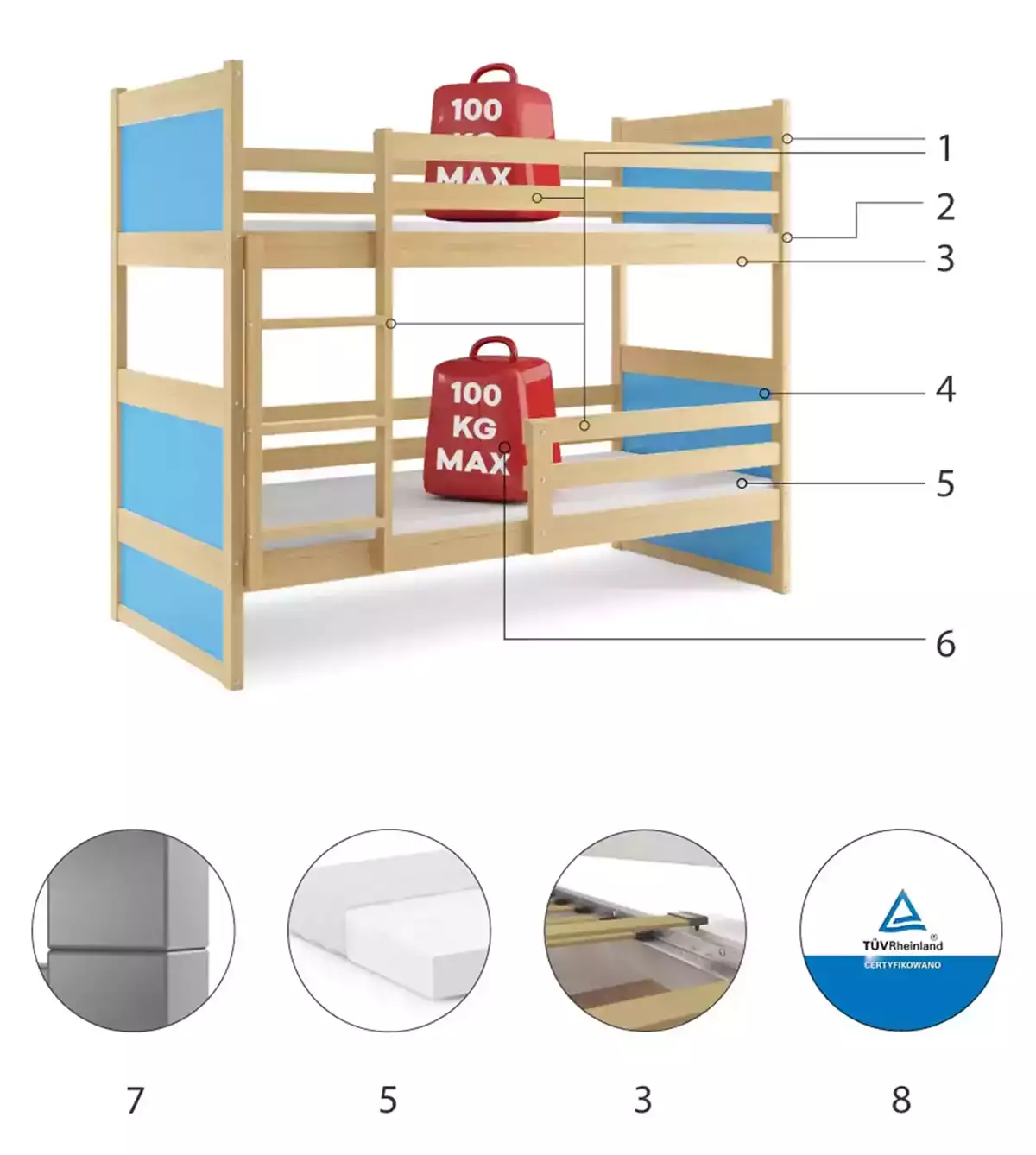 Composants pour Lit ado superposé Rico 90X190, pin/bleu