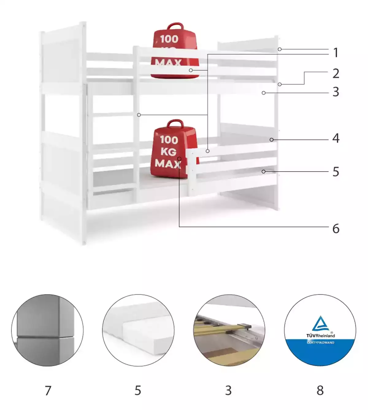 LIT SUPERPOSE RICO LE CADRE EN BLANC LES PANNEAUX BLANCS SANS TIROIR SANS MATELAS 190x90 (composants)