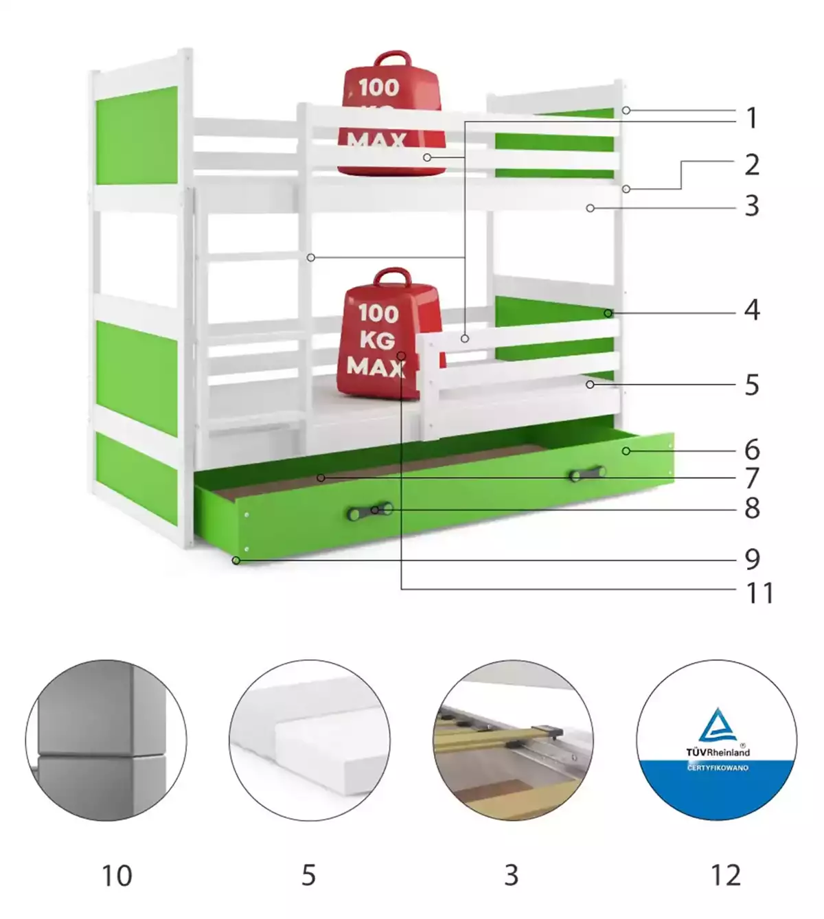 LIT SUPERPOSE RICO LE CADRE EN BLANC LES PANNEAUX VERTS LE TIROIR EN VERT 190x90 (composants)