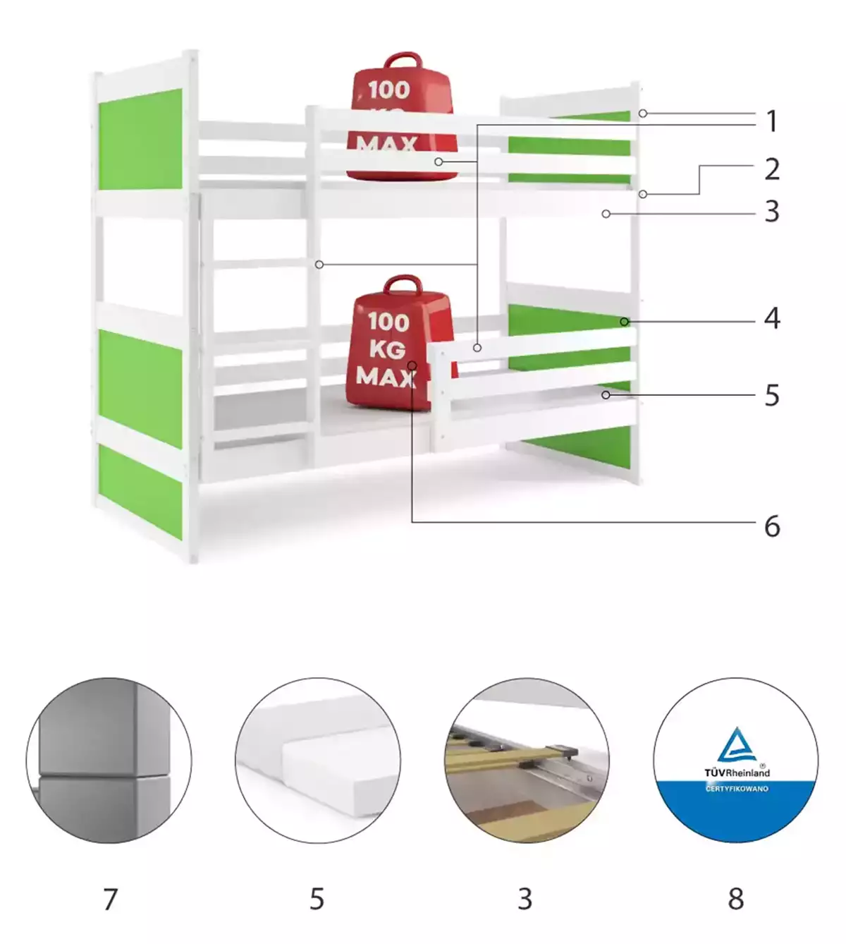 LIT SUPERPOSE RICO LE CADRE EN BLANC LES PANNEAUX VERTS SANS TIROIR SANS MATELAS 190x80 (composants)