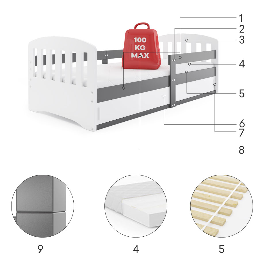 Części składowe dla Łóżko dziecięce pojedyncze CLASSIC 80X160 z materacem i schowkiem, grafitowe Części składowe dla Łóżko dziecięce pojedyncze CLASSIC 80X160 z materacem i schowkiem, grafitowe