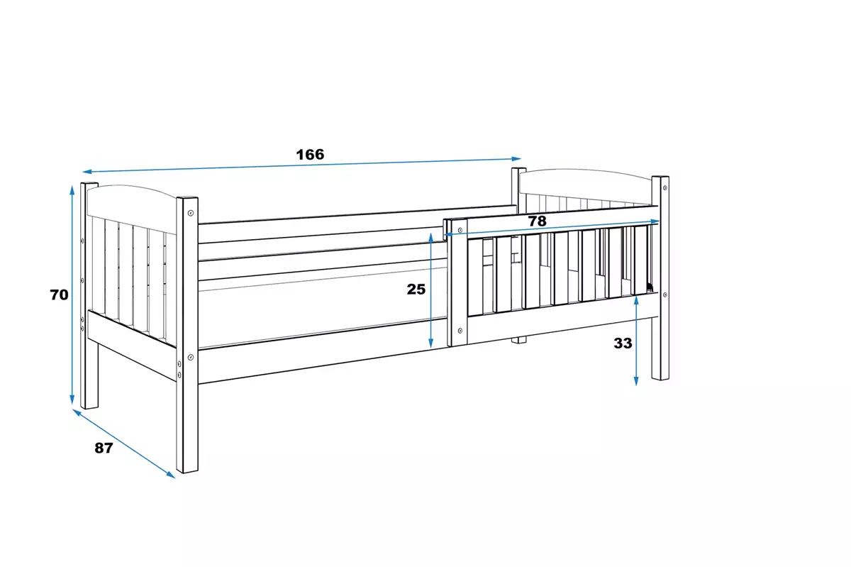 Wymiary i specyfikacja dla Łóżko dziecięce pojedyncze KUBUŚ 80X160, grafitowe