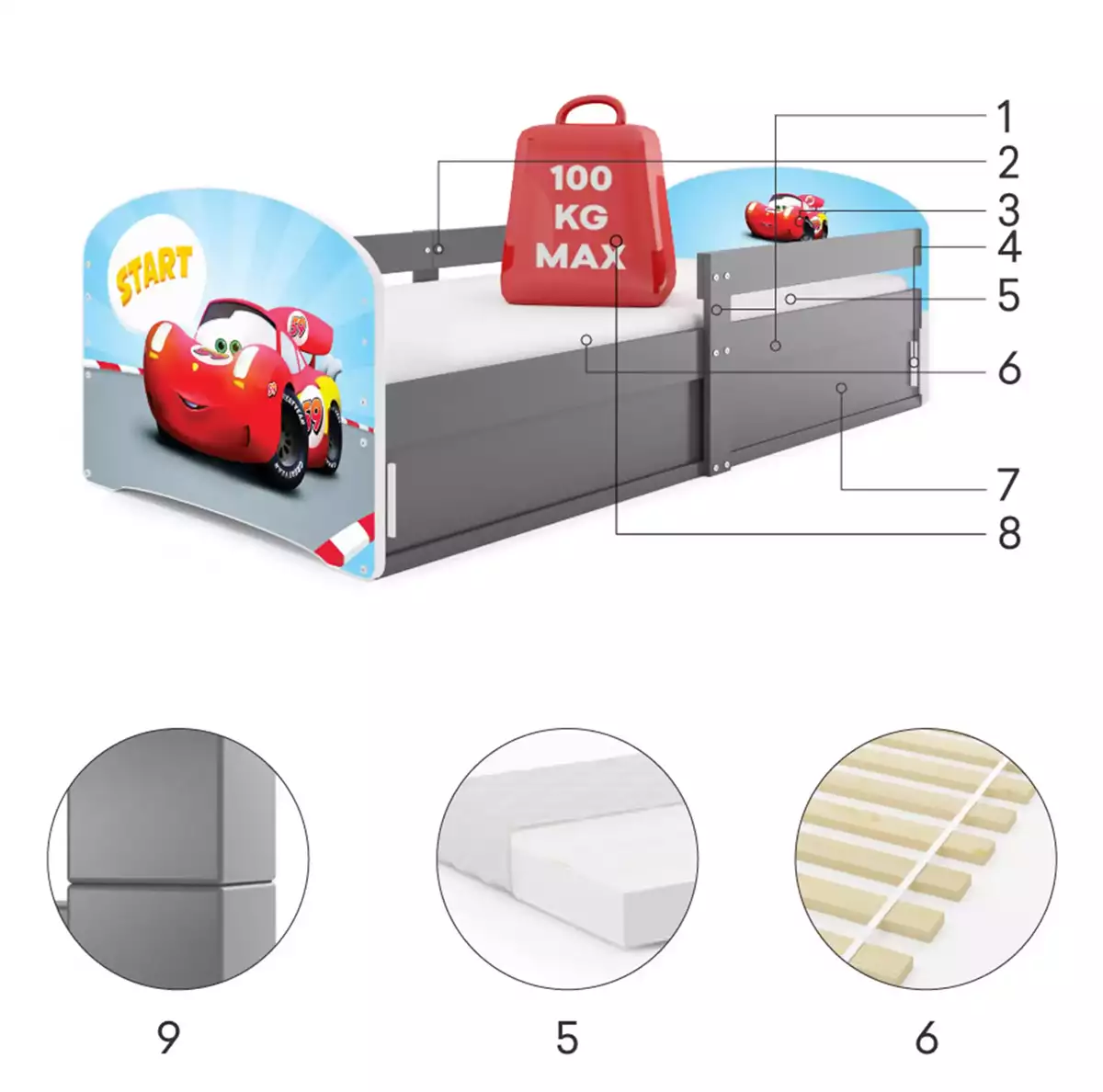 Części składowe dla Łóżko dziecięce pojedyncze LUKI 1 80X160 ze schowkiem, Autko, grafitowe Części składowe dla Łóżko dziecięce pojedyncze LUKI 1 80X160 ze schowkiem, Autko, grafitowe