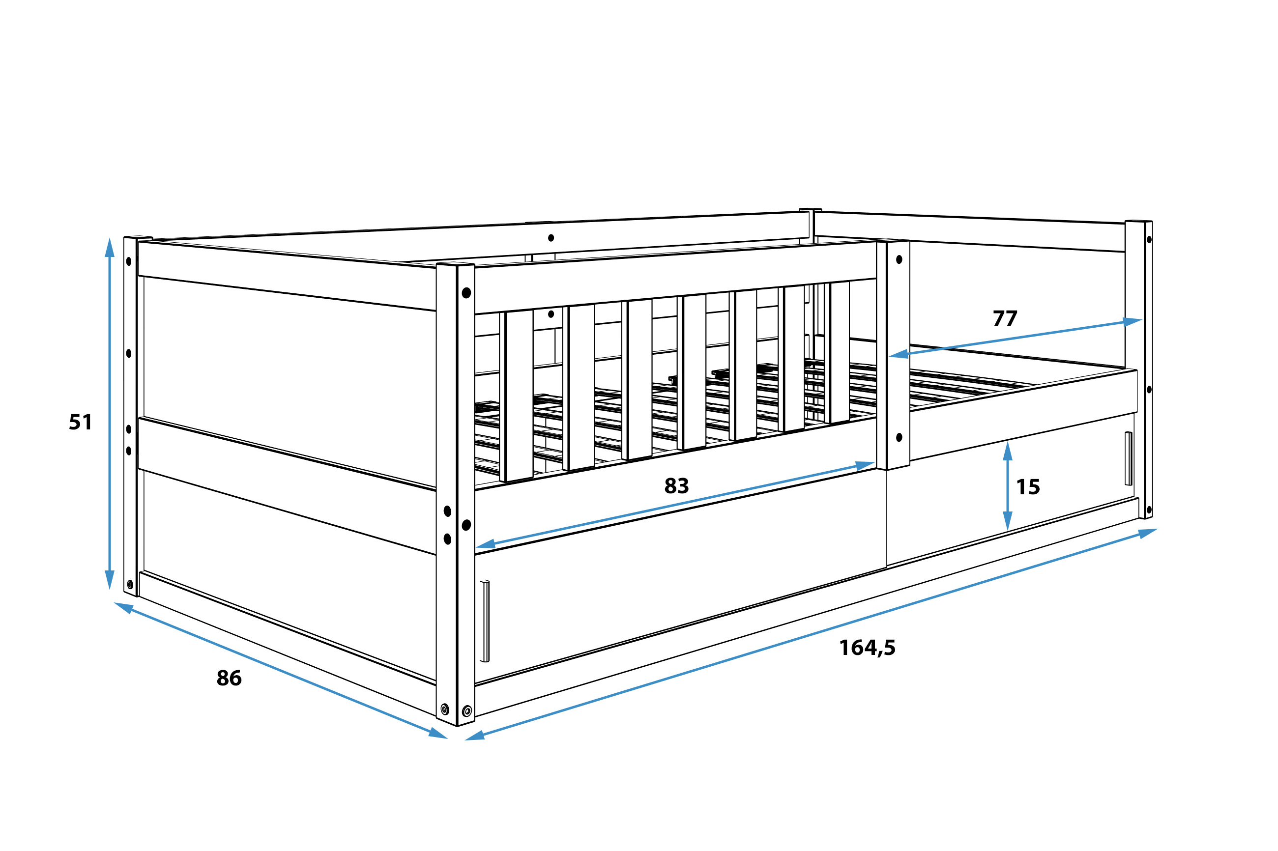 Wymiary i specyfikacja dla Łóżko dziecięce pojedyncze SMART 2 80X160 ze schowkiem, naturalne drewno Wymiary i specyfikacja dla Łóżko dziecięce pojedyncze SMART 2 80X160 ze schowkiem, naturalne drewno