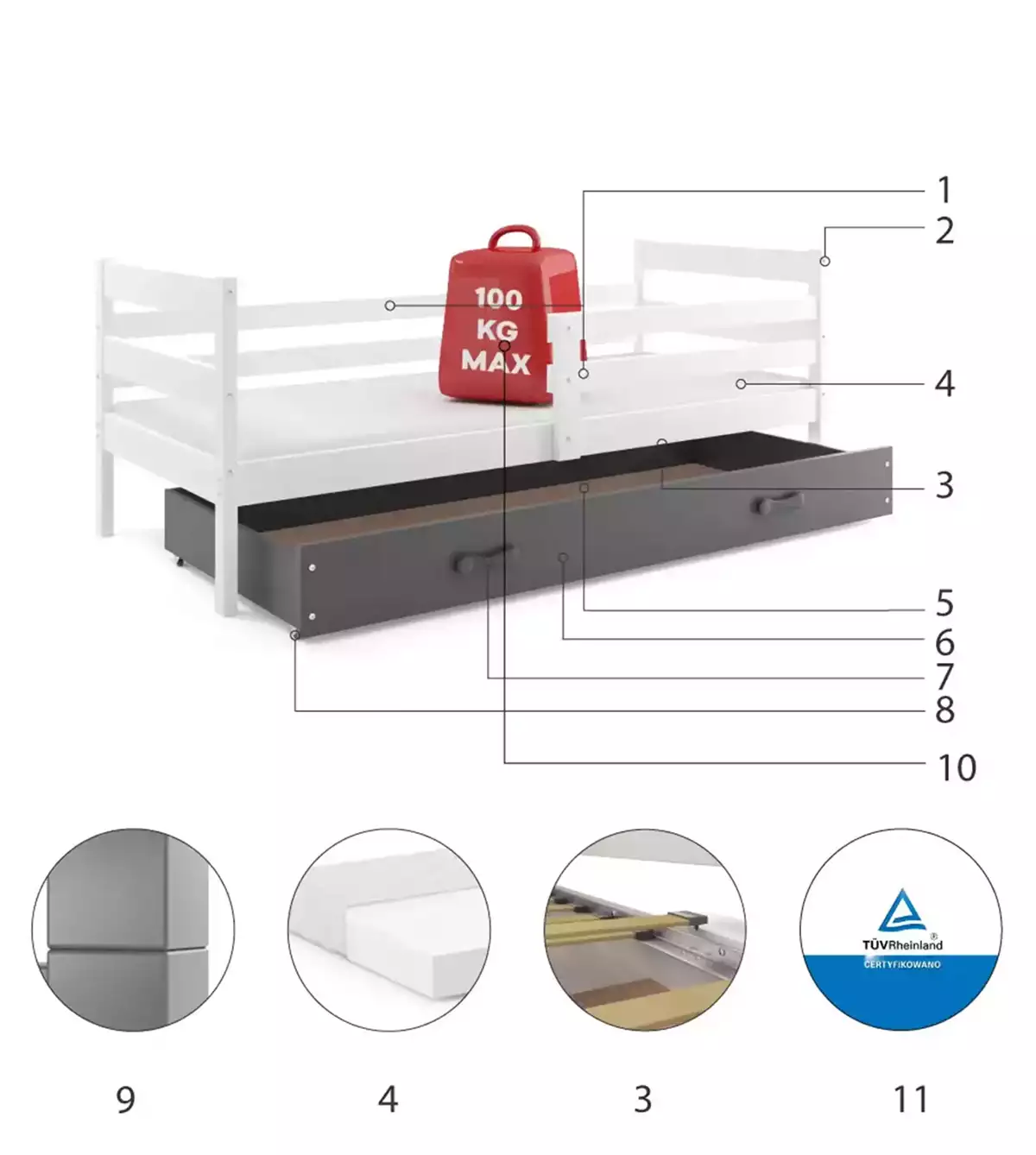 Części składowe dla Łóżko młodzieżowe pojedyncze ERYK 90X200 z materacem i szufladą, białe/grafitowe