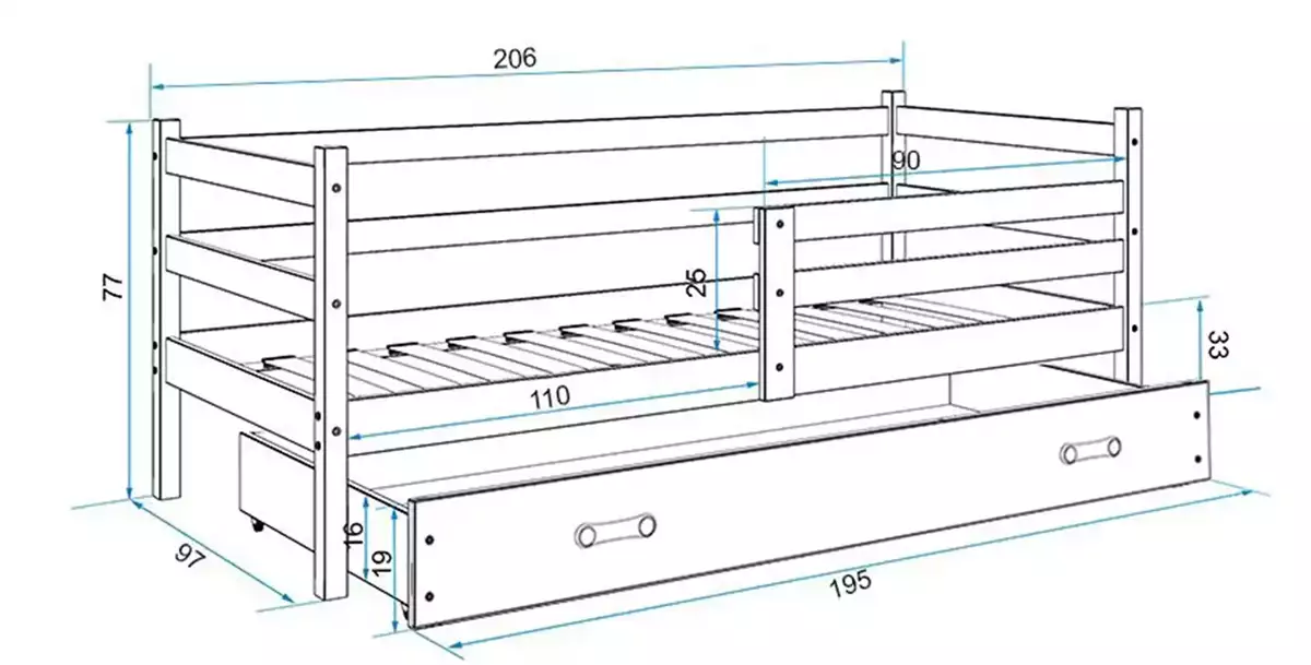 Wymiary i specyfikacja dla Łóżko młodzieżowe pojedyncze ERYK 90X200 z materacem i szufladą, białe/niebieskie Wymiary i specyfikacja dla Łóżko młodzieżowe pojedyncze ERYK 90X200 z materacem i szufladą, białe/niebieskie