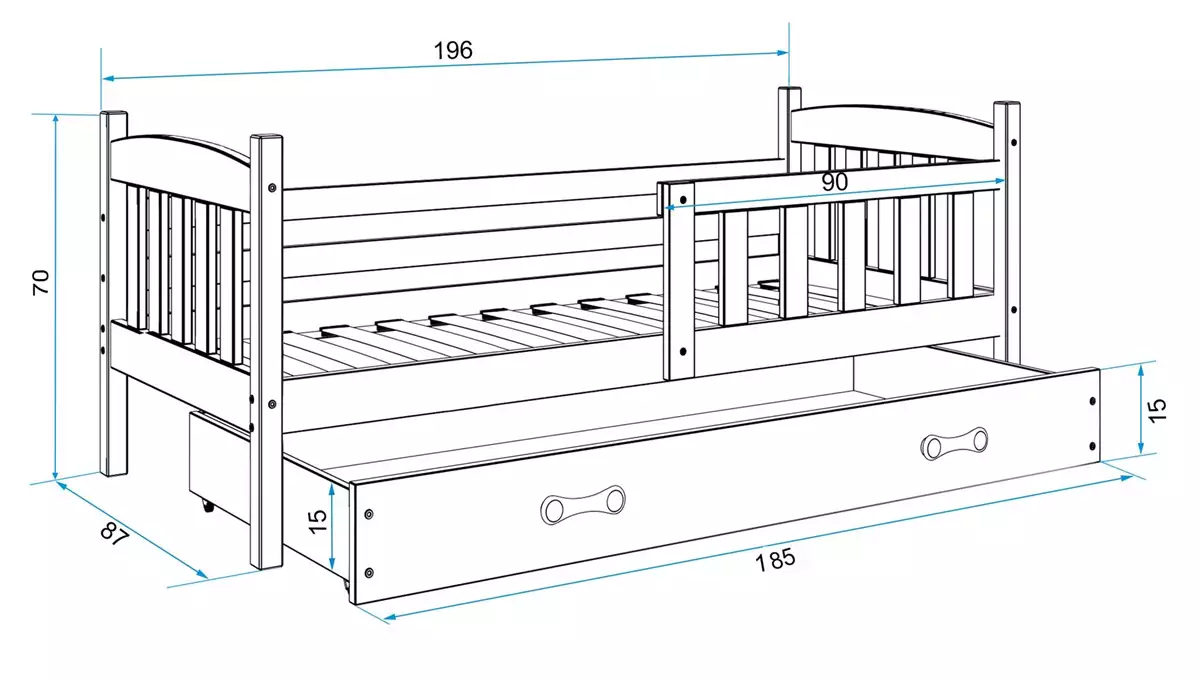 Wymiary i specyfikacja dla Łóżko młodzieżowe pojedyncze KUBUŚ 80X190 z materacem i szufladą, sosna/różowe Wymiary i specyfikacja dla Łóżko młodzieżowe pojedyncze KUBUŚ 80X190 z materacem i szufladą, sosna/różowe