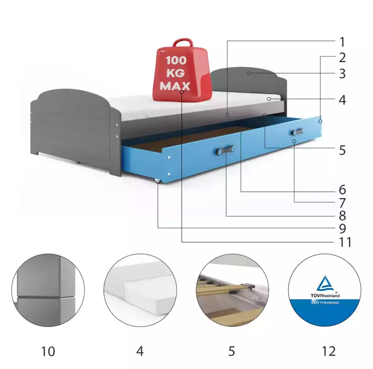 Części składowe dla Łóżko młodzieżowe pojedyncze LILI 90X200 z materacem i szufladą, grafitowe/niebieskie Części składowe dla Łóżko młodzieżowe pojedyncze LILI 90X200 z materacem i szufladą, grafitowe/niebieskie