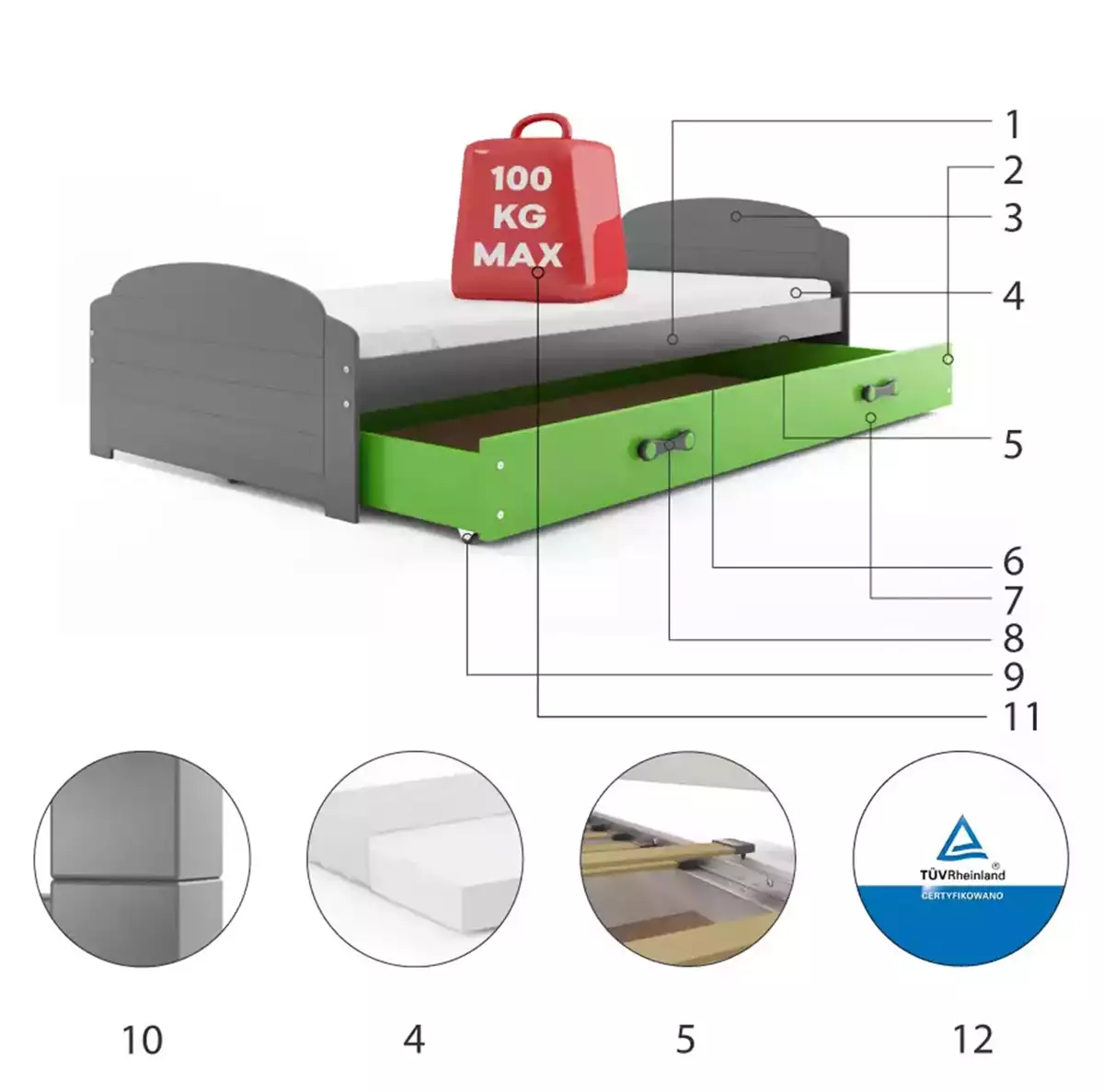 Części składowe dla Łóżko młodzieżowe pojedyncze LILI 90X200 z materacem i szufladą, grafitowe/zielone Części składowe dla Łóżko młodzieżowe pojedyncze LILI 90X200 z materacem i szufladą, grafitowe/zielone