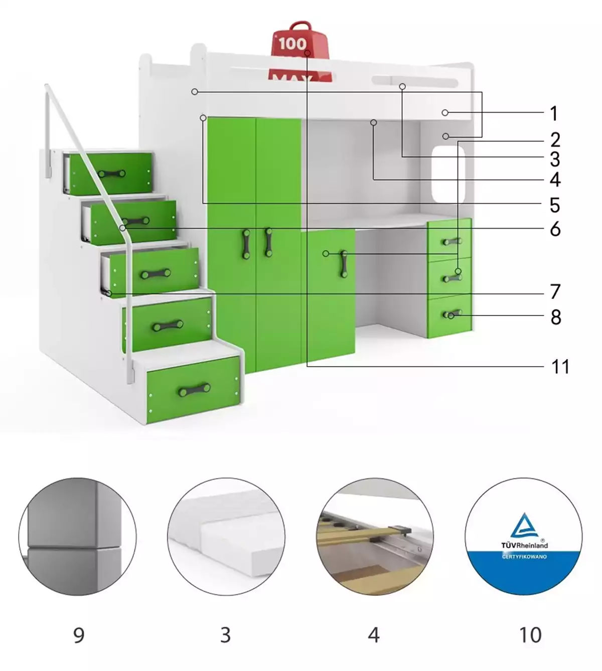 Części składowe dla Łóżko młodzieżowe pojedyncze MAX 4 80X200 z biurkiem, zielone Części składowe dla Łóżko młodzieżowe pojedyncze MAX 4 80X200 z biurkiem, zielone