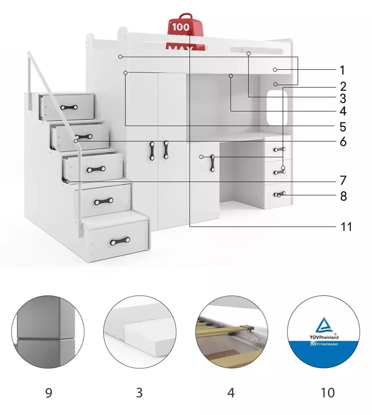 Części składowe dla Łóżko młodzieżowe pojedyncze MAX 4 80X200 z materacem i biurkiem, białe