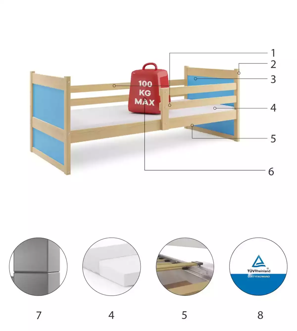 Części składowe dla Łóżko młodzieżowe pojedyncze RICO 80X190 z materacem, sosna/niebieskie Części składowe dla Łóżko młodzieżowe pojedyncze RICO 80X190 z materacem, sosna/niebieskie