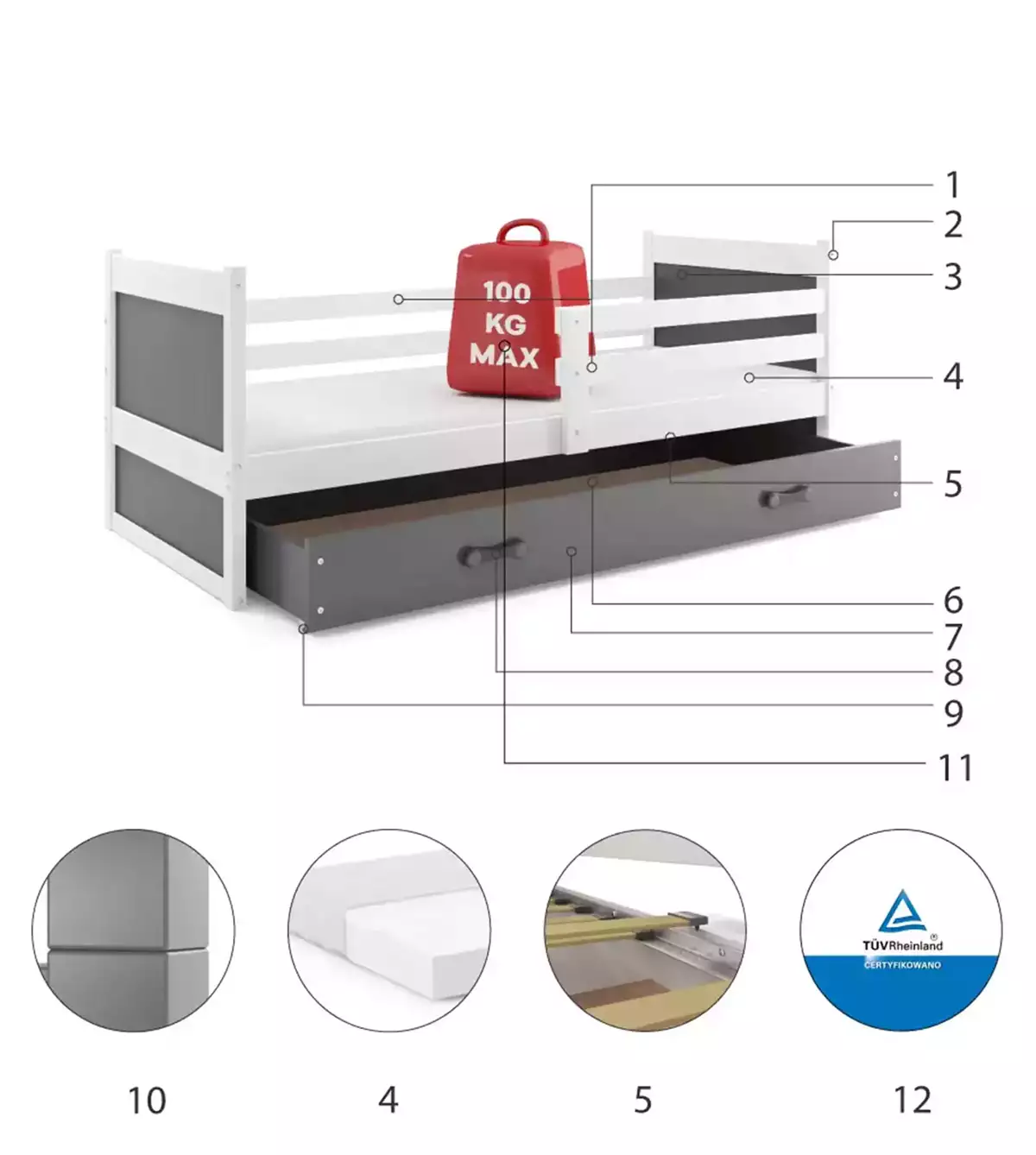 Części składowe dla Łóżko młodzieżowe pojedyncze RICO 80X190 z szufladą, białe/grafitowe