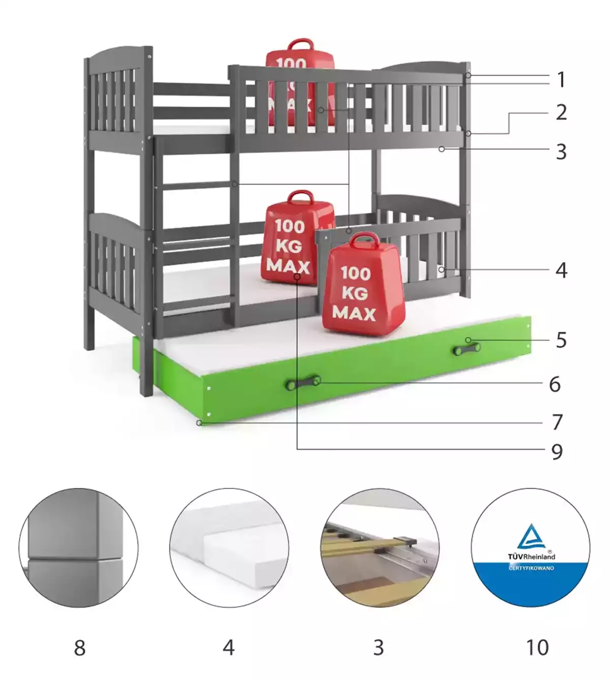 Części składowe dla Łóżko młodzieżowe trzyosobowe KUBUŚ 80X190 z materacem i szufladą, grafitowe/zielone Części składowe dla Łóżko młodzieżowe trzyosobowe KUBUŚ 80X190 z materacem i szufladą, grafitowe/zielone
