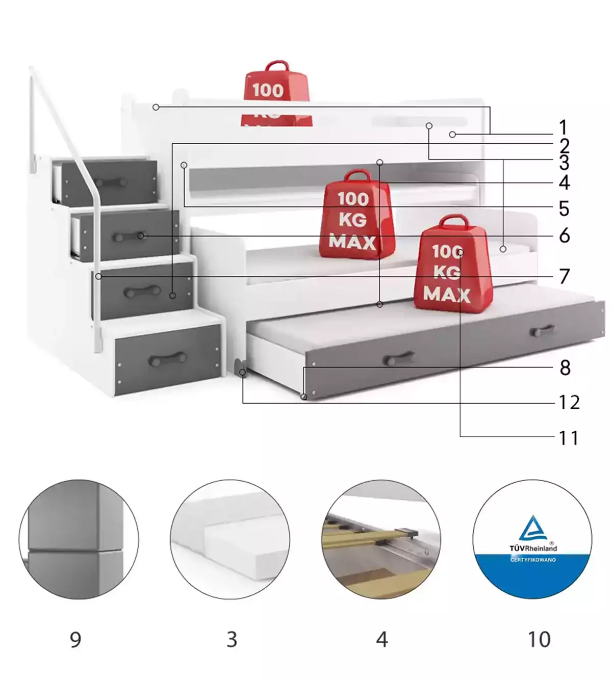 Części składowe dla Łóżko młodzieżowe trzyosobowe MAX 1 80X200 z biurkiem, grafitowe Części składowe dla Łóżko młodzieżowe trzyosobowe MAX 1 80X200 z biurkiem, grafitowe