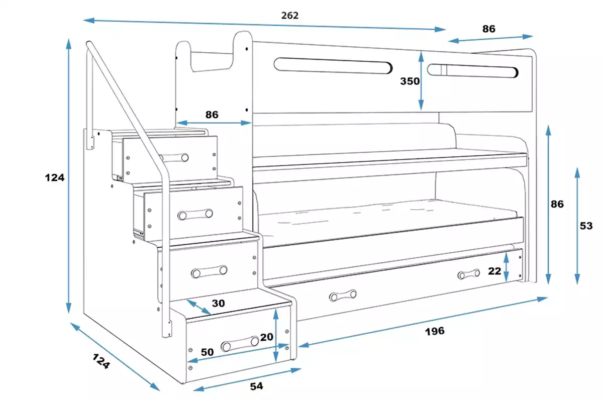 Wymiary i specyfikacja dla Łóżko młodzieżowe trzyosobowe MAX 1 80X200 z biurkiem, niebieskie Wymiary i specyfikacja dla Łóżko młodzieżowe trzyosobowe MAX 1 80X200 z biurkiem, niebieskie