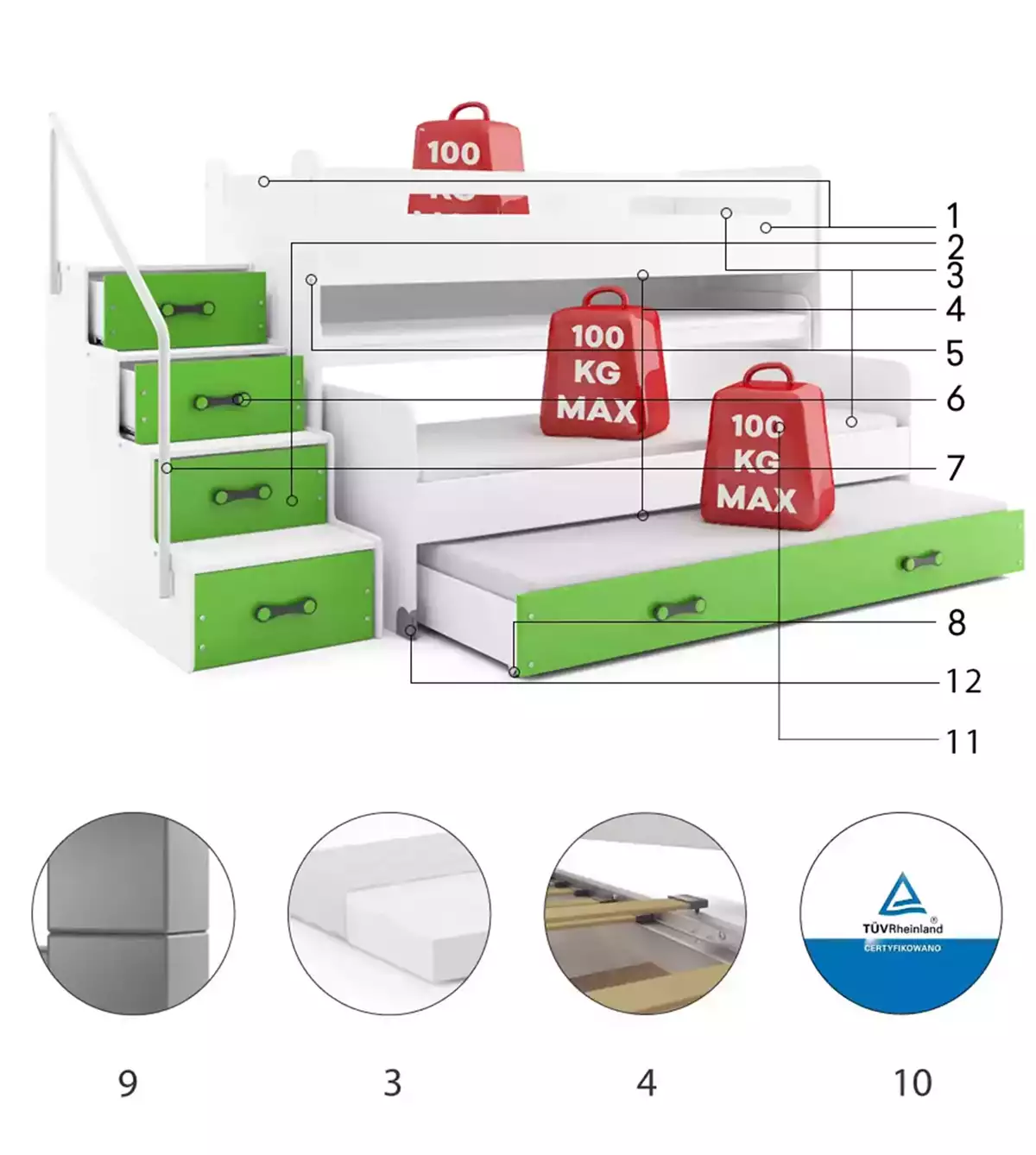 Części składowe dla Łóżko młodzieżowe trzyosobowe MAX 1 80X200 z biurkiem, zielone Części składowe dla Łóżko młodzieżowe trzyosobowe MAX 1 80X200 z biurkiem, zielone