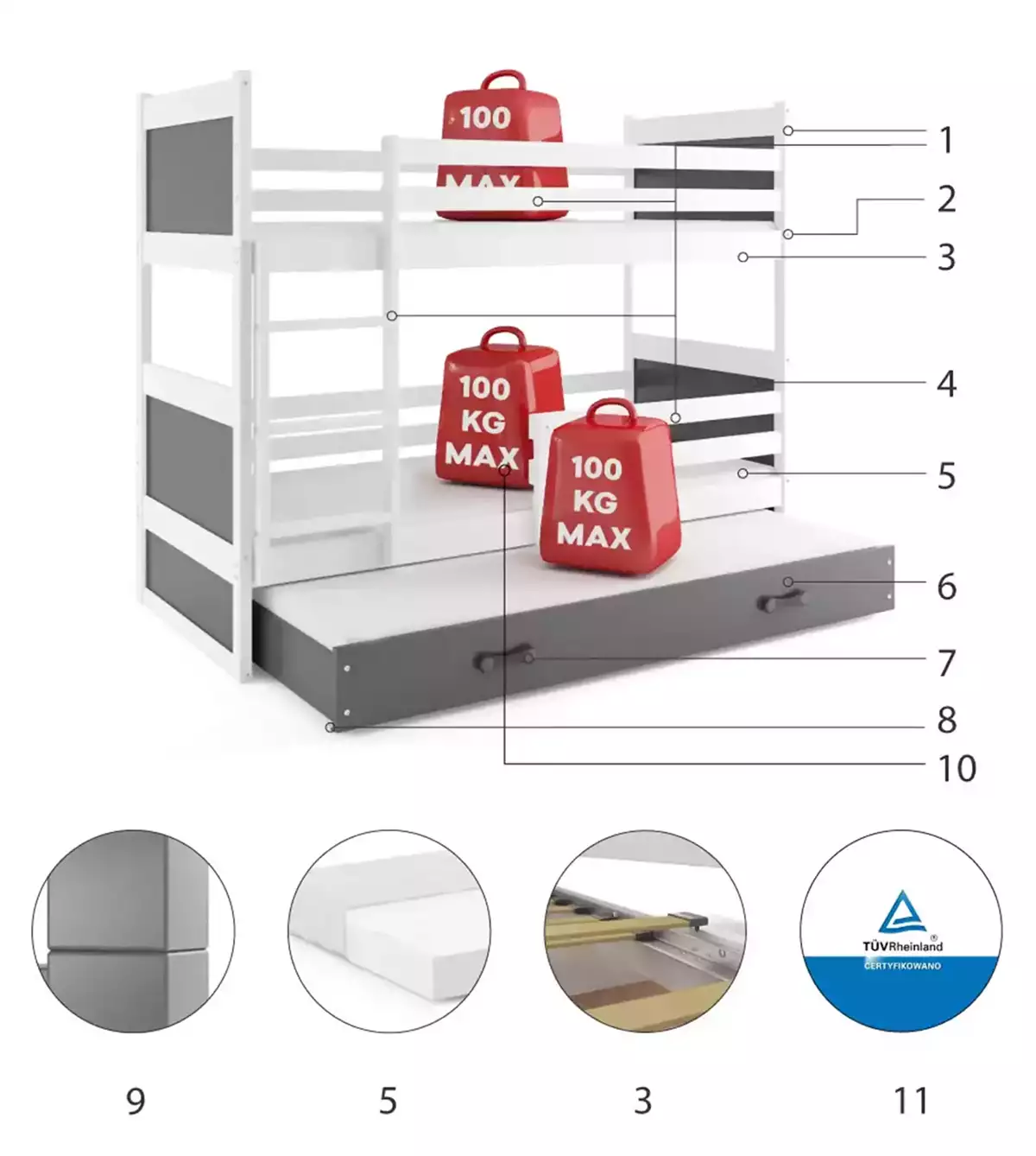Części składowe dla Łóżko młodzieżowe trzyosobowe RICO 90X200 z materacem i szufladą, białe/grafitowe