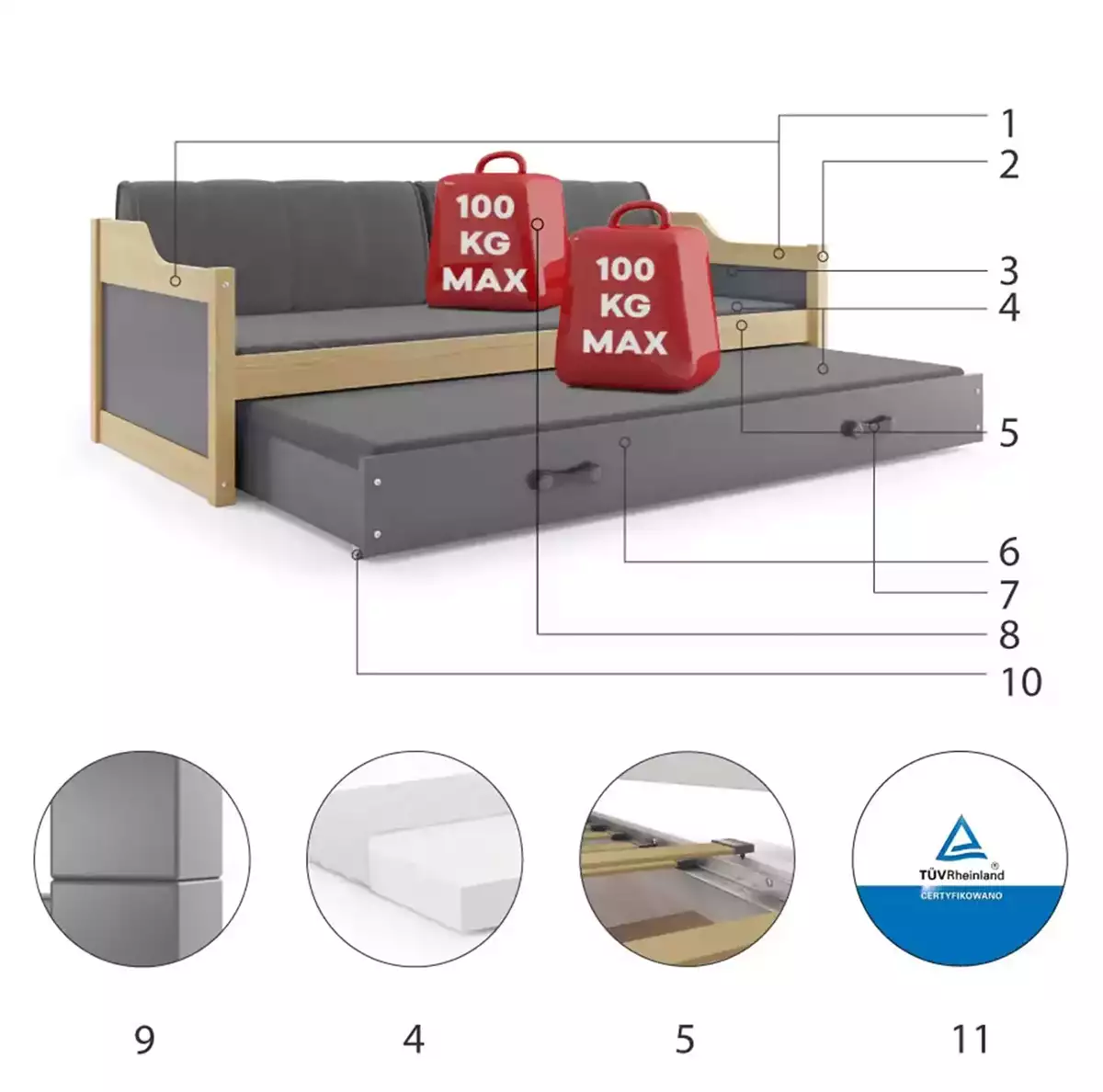 Części składowe dla Łóżko młodzieżowe wysuwane DAWID 90X200 z materacem i szufladą, sosna/grafitowe Części składowe dla Łóżko młodzieżowe wysuwane DAWID 90X200 z materacem i szufladą, sosna/grafitowe