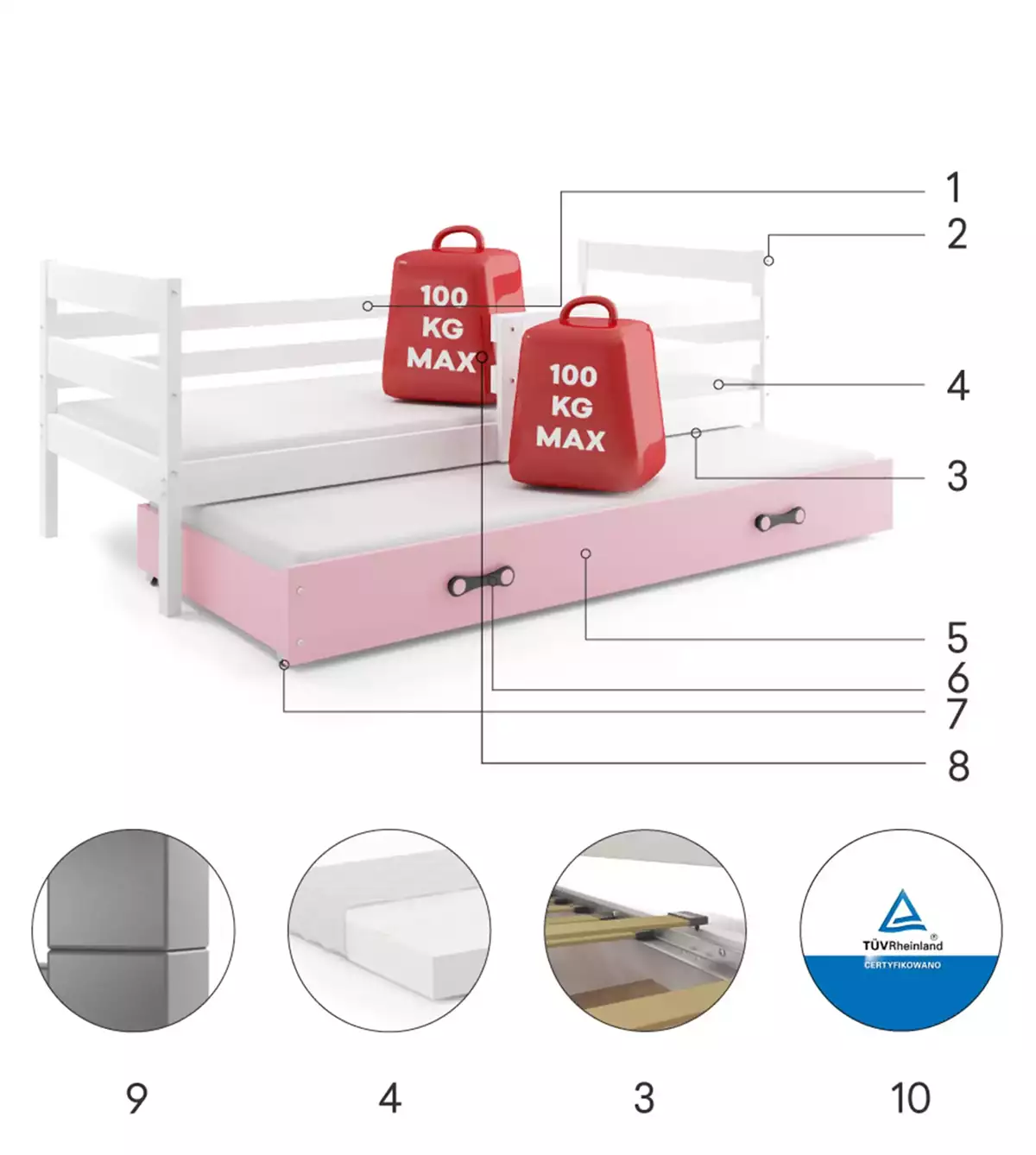 Części składowe dla Łóżko młodzieżowe wysuwane ERYK 80X190 z materacem i szufladą, białe/różowe Części składowe dla Łóżko młodzieżowe wysuwane ERYK 80X190 z materacem i szufladą, białe/różowe