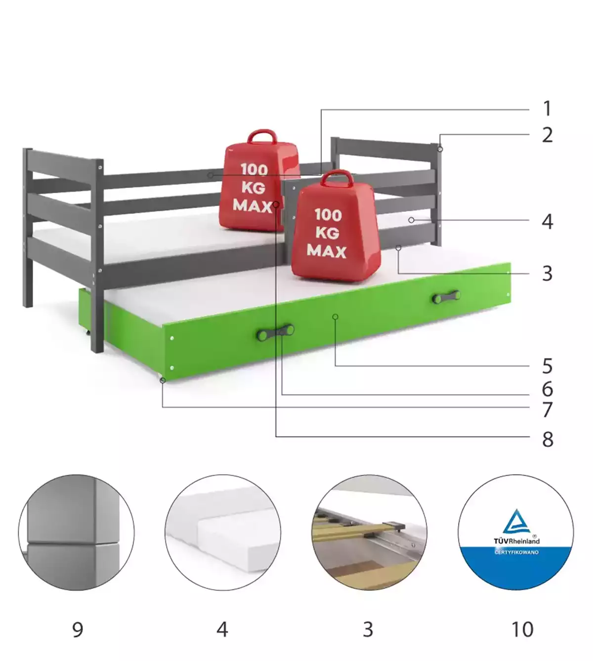 Części składowe dla Łóżko młodzieżowe wysuwane ERYK 80X190 z materacem i szufladą, grafitowe/zielone Części składowe dla Łóżko młodzieżowe wysuwane ERYK 80X190 z materacem i szufladą, grafitowe/zielone