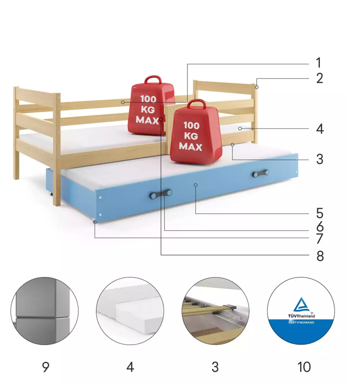 Części składowe dla Łóżko młodzieżowe wysuwane ERYK 80X190 z materacem i szufladą, sosna/niebieskie Części składowe dla Łóżko młodzieżowe wysuwane ERYK 80X190 z materacem i szufladą, sosna/niebieskie