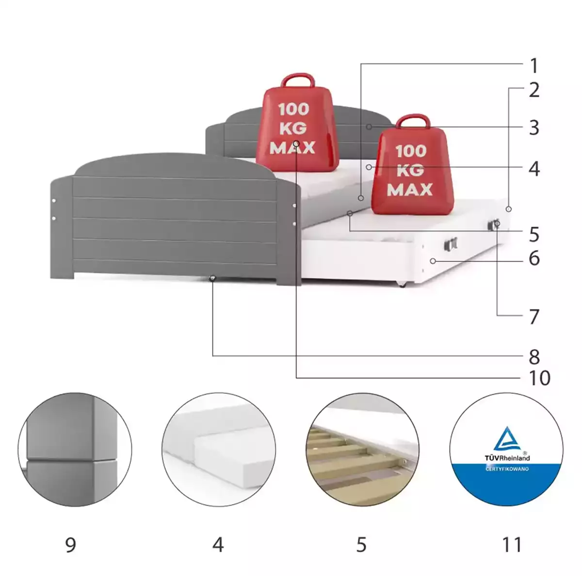 Części składowe dla Łóżko młodzieżowe wysuwane LILI 90X200 z materacem i szufladą, grafitowe/białe Części składowe dla Łóżko młodzieżowe wysuwane LILI 90X200 z materacem i szufladą, grafitowe/białe