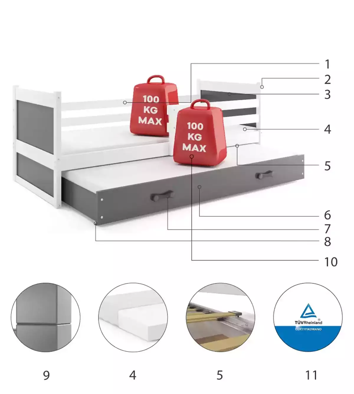 Części składowe dla Łóżko młodzieżowe wysuwane RICO 90X200 z materacem i szufladą, białe/grafitowe Części składowe dla Łóżko młodzieżowe wysuwane RICO 90X200 z materacem i szufladą, białe/grafitowe