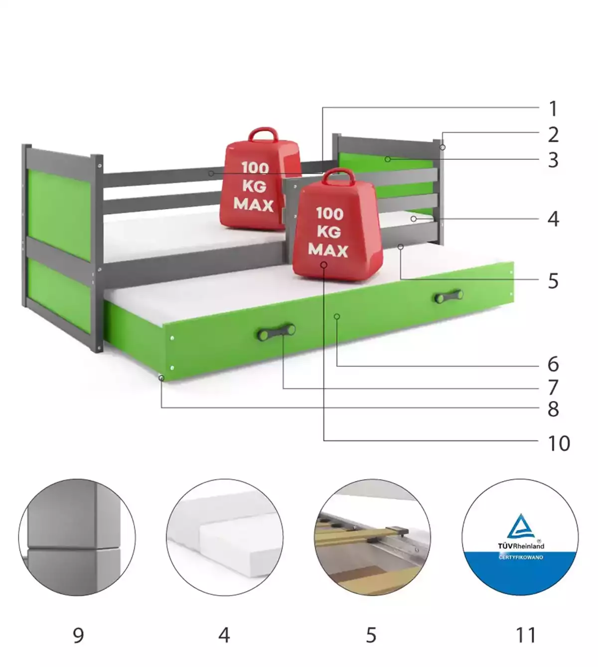 Części składowe dla Łóżko młodzieżowe wysuwane RICO 90X200 z materacem i szufladą, grafitowe/zielone Części składowe dla Łóżko młodzieżowe wysuwane RICO 90X200 z materacem i szufladą, grafitowe/zielone