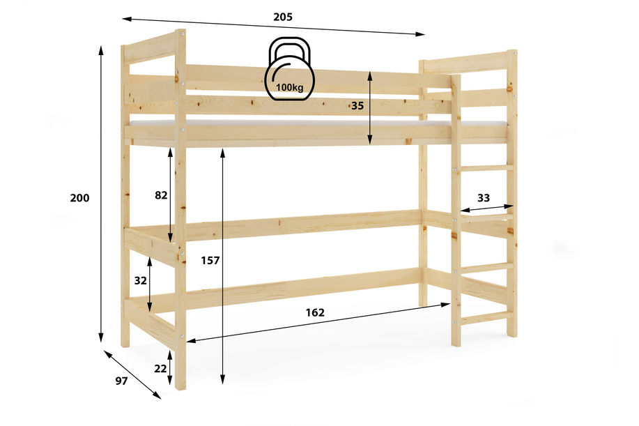 Emeletes ágy ifjúsági - mezzanine természetes fa 90x200