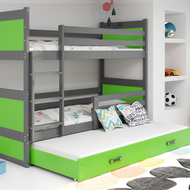 Háromszemélyes RICO 90X200 ifjúsági ágy matraccal és fiókkal, grafit/zöld