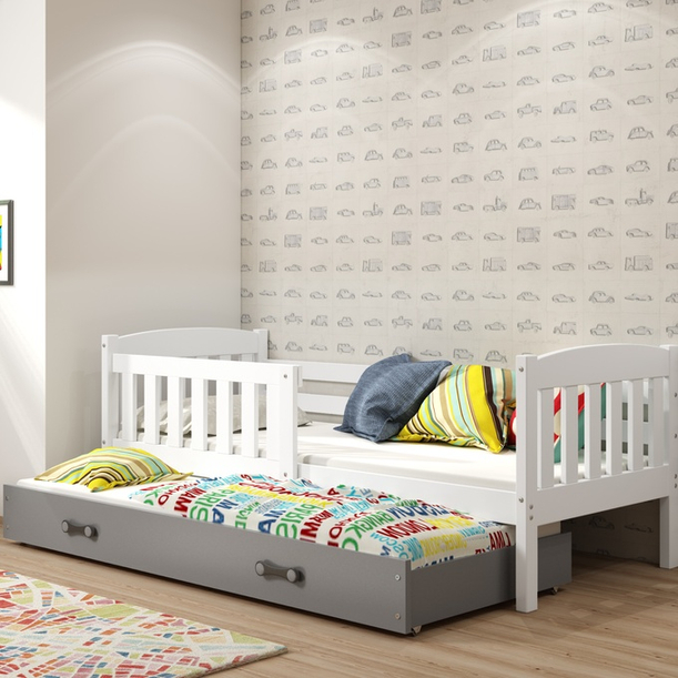 Jacquot 90x190 tini franciaágy matraccal és fiókkal, fehér/szürke