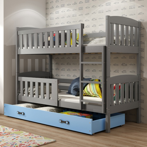Emeletes ágy KUBUŚ 90X190 matraccal és fiókkal, grafit/kék