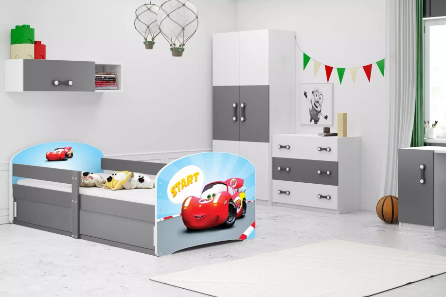 LUKI 1 80X160 egyszemélyes gyerekágy matraccal és tárolóval, Autko, grafit
