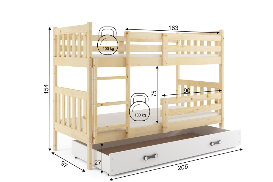 Junior emeletes ágy KACPER 90X200 matraccal és fiókkal, borovi fenyőfa/fehér