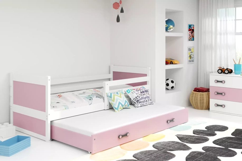 Rico tini franciaágy 90x190 matraccal és fiókkal, fehér/rózsaszín, fehér/rózsaszín