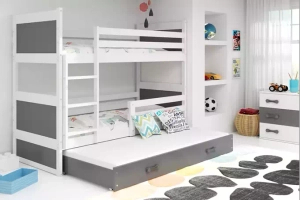 3 ÜLÉSES TINI EMELETES ÁGY RICO FEHÉR VÁZ SZÜRKE PANELEK SZÜRKE FIÓKOS MATRAC NÉLKÜL 90 X 190