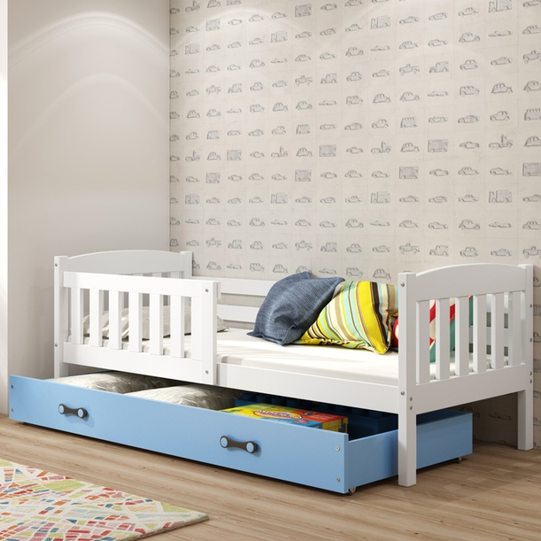 KUBUŚ 90X200 egyszemélyes ifjúsági ágy matraccal és fiókkal, fehér/kék