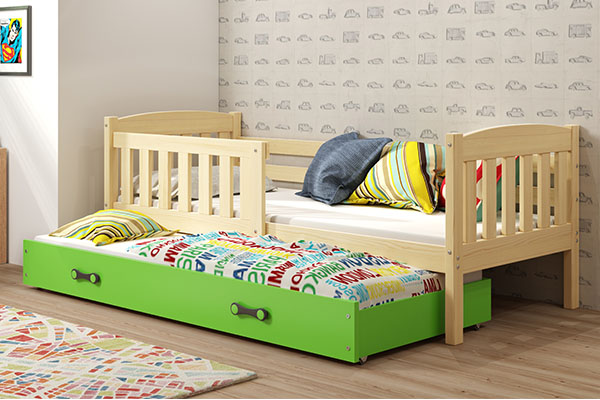 Kihúzható ifjúsági ágy KUBUŚ 90X200 fiókkal, fenyő/zöld