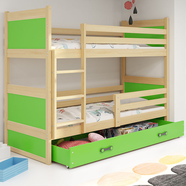 Junior emeletes ágy RICO 90X200 fiókkal, fenyő/zöld