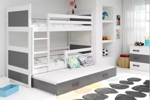 3 SZEMÉLYES TINI EMELETES ÁGY RICO FEHÉR KERET SZÜRKE PANELEK SZÜRKE FIÓK 90 X 190