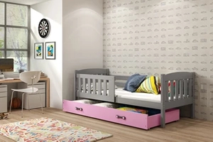 KUBUŚ 90X200 egyszemélyes ifjúsági ágy matraccal és fiókkal, grafit/rózsaszín