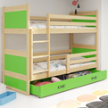 Junior emeletes ágy RICO 90X200 fiókkal, fenyő/zöld