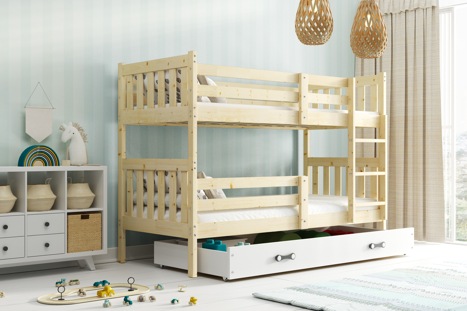 Junior emeletes ágy KACPER 90X200 matraccal és fiókkal, borovi fenyőfa/fehér