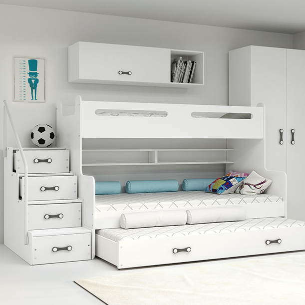 Háromszemélyes ifjúsági ágy MAX 3 120X200 matraccal és fiókkal, fehér színben
