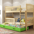 KUBUŚ 90X200 háromszemélyes ifjúsági ágy matraccal és fiókkal, fenyő/zöld