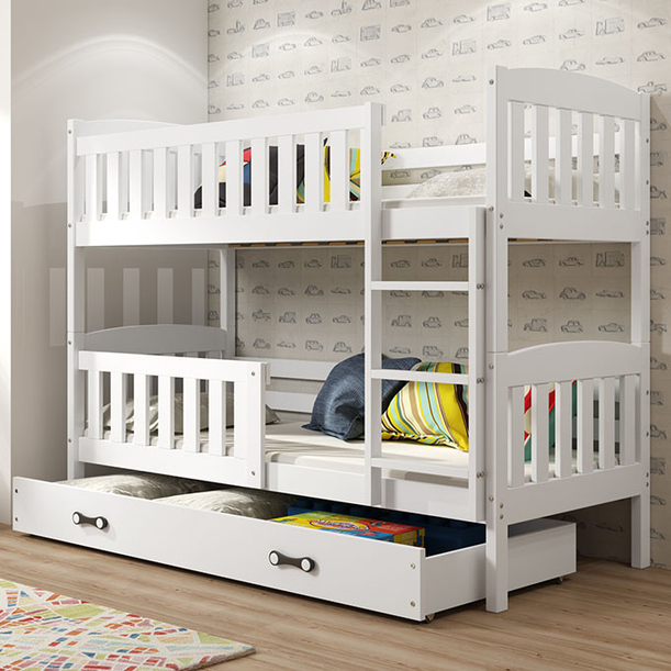 Junior emeletes ágy KUBUŚ 90X200 fiókkal, fehér színben