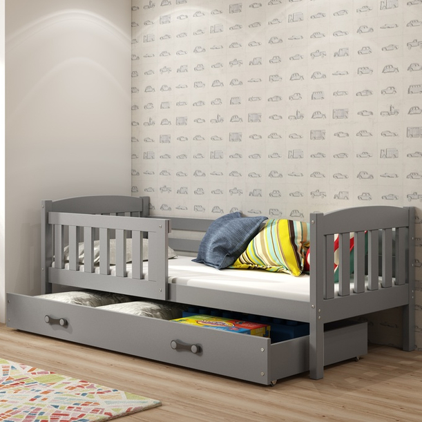 KUBUŚ 90X200 egyszemélyes ifjúsági ágy matraccal és fiókkal, grafit